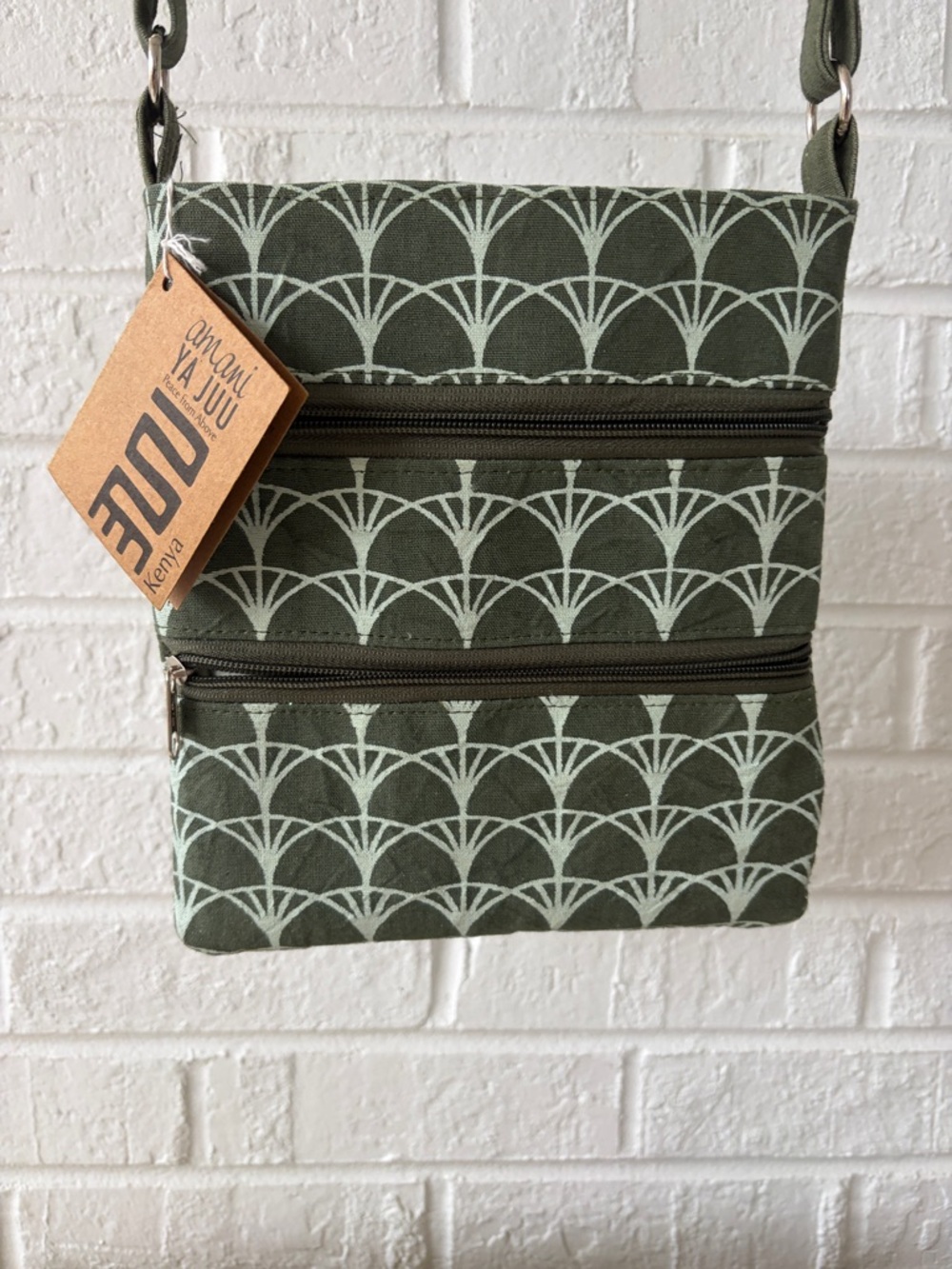 Amani Ya Juu Olive Green Patterned Crossbody Bag from Kenya
